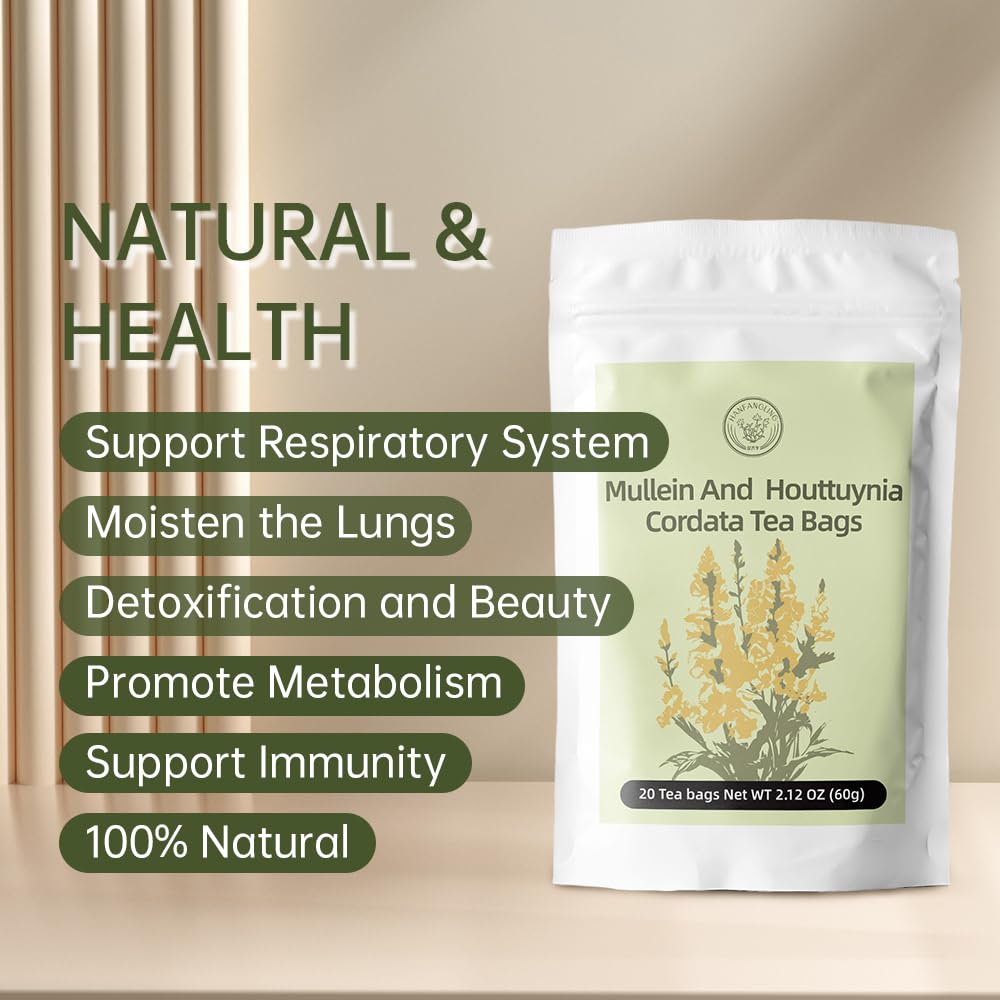 Mullein and Houttuynia Cordata Herbal Tea -Lung Clean,Detox & Respiratory Support,Moisturizing and Nourishing Lung, Natural Herb,20 Tea Bags 60g(2.12oz)