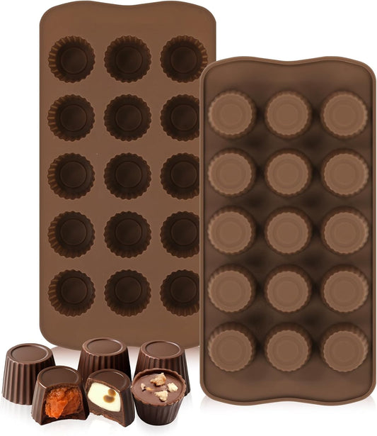 Peanut Butter Cup Mold, 15 Cavity Chocolate Candy Molds, Silicone Baking Mold for Snack Size Mini Peanut Butter Cup, Jelly, and Cordial, Pack of 2