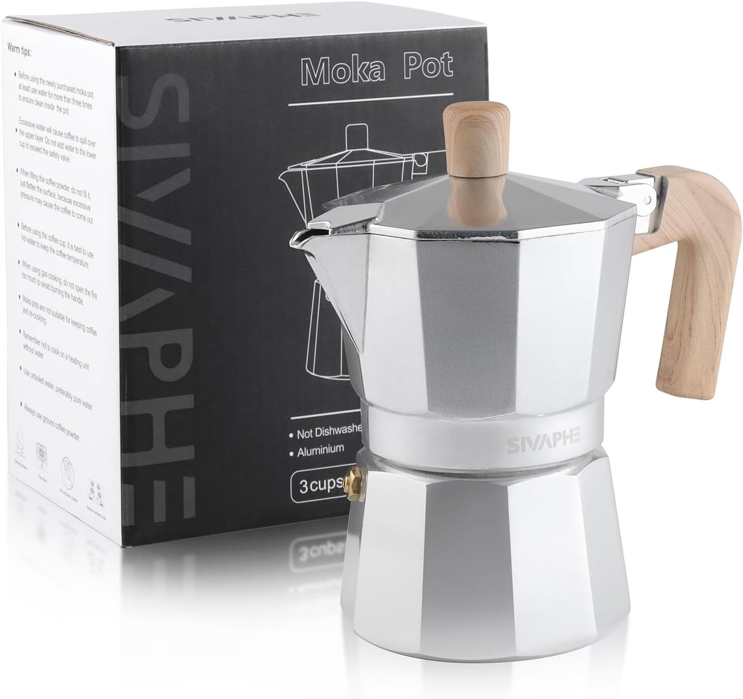Sivaphe Aluminum Moka Pot 3 Espresso Cups, Percolator Espresso and Coffee Maker, Portable Stovetop Italian and Cuban Café Brewer for Home and Camping Sliver