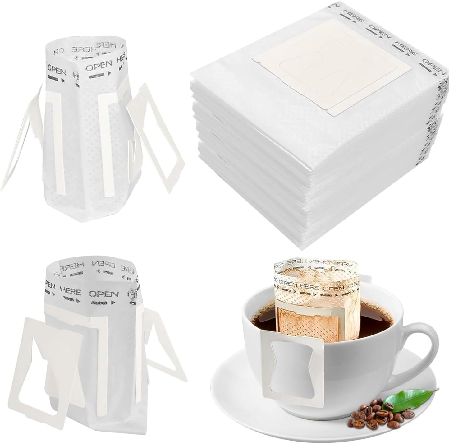 100 Pcs Premium Coffee Filter Paper Bags Disposable Single Serve Drip Coffee Bags with Hanging Ears, Fast Brewing, Mess-Free Design for Travel, Camping, Home & Office Use