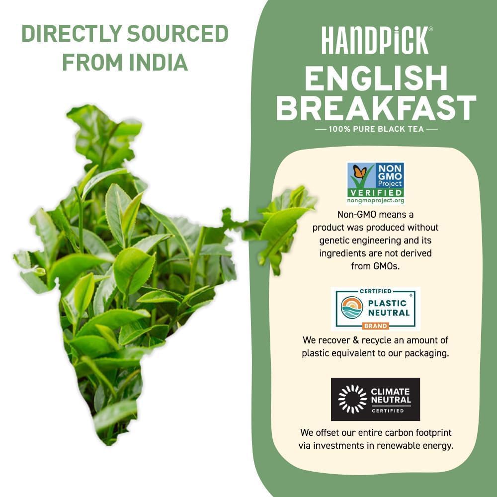 HANDPICK, Organic English Breakfast Black Tea Bags (100 Count) USDA Organic, Non-GMO | Strong, Robust, High-Caffeine Black Tea | Eco-conscious Tea Bags, Brew English Breakfast Tea & Kombucha Tea