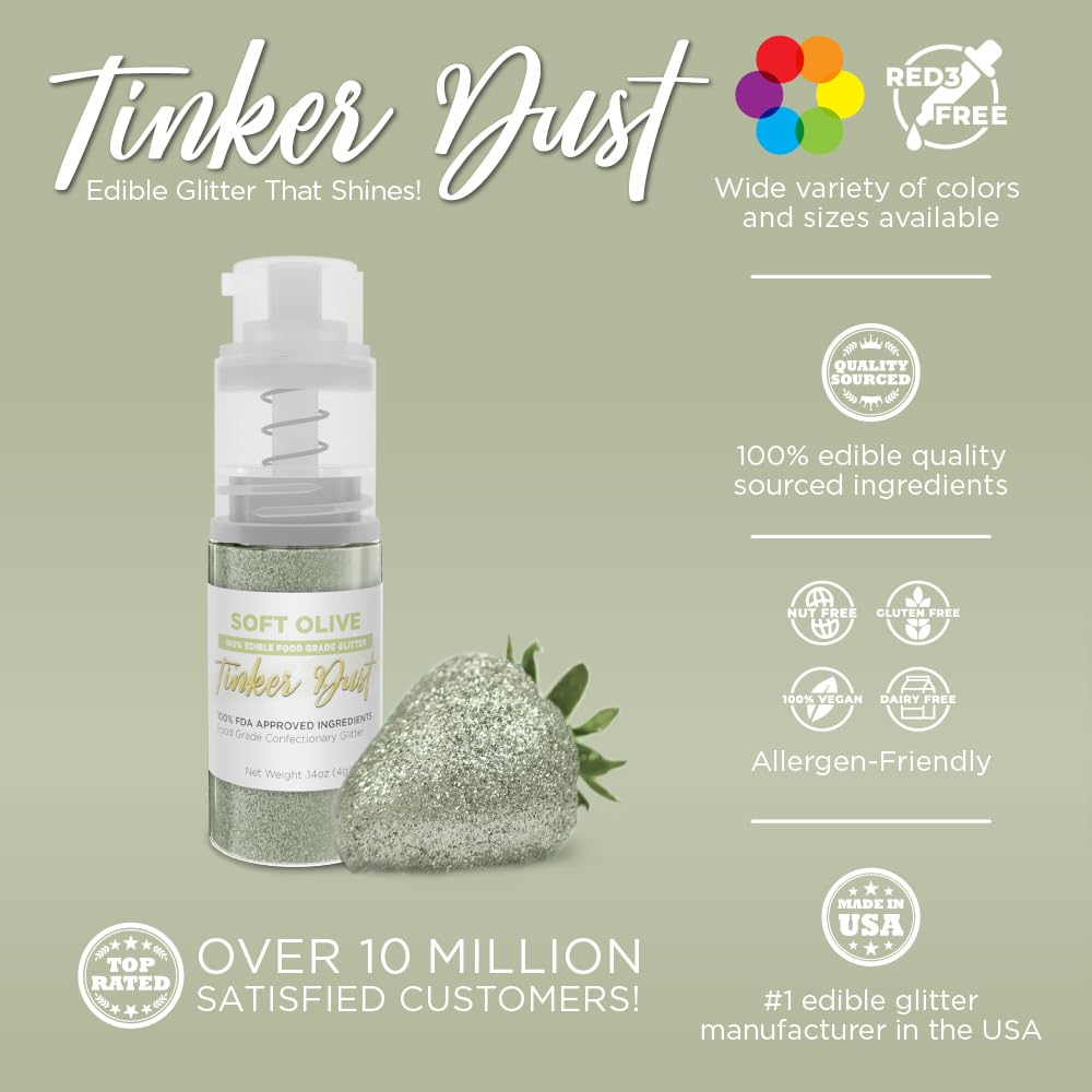 Bakell - Soft Olive Tinker Dust (4g, 1x Mini Spray Pump) Edible Glitter for Food, Desserts, and Beverages!