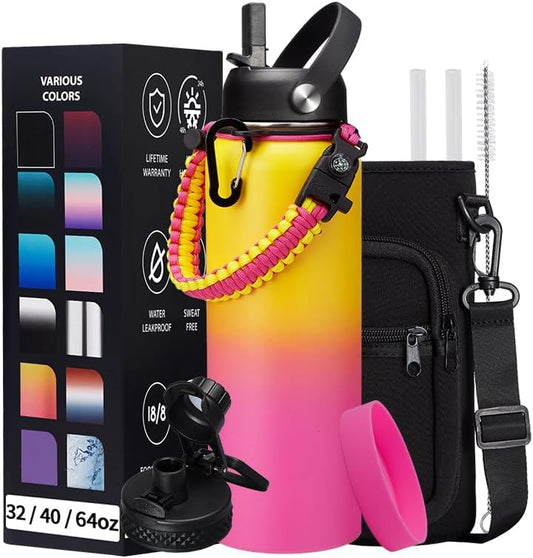 40OZ Insulated Stainless-Steel Water Bottle - Reusable Metal Water Bottles with Straw & Spout Lids, Paracord Handle & Carrier Pouch, Leakproof Workout Water Flask for Women Men