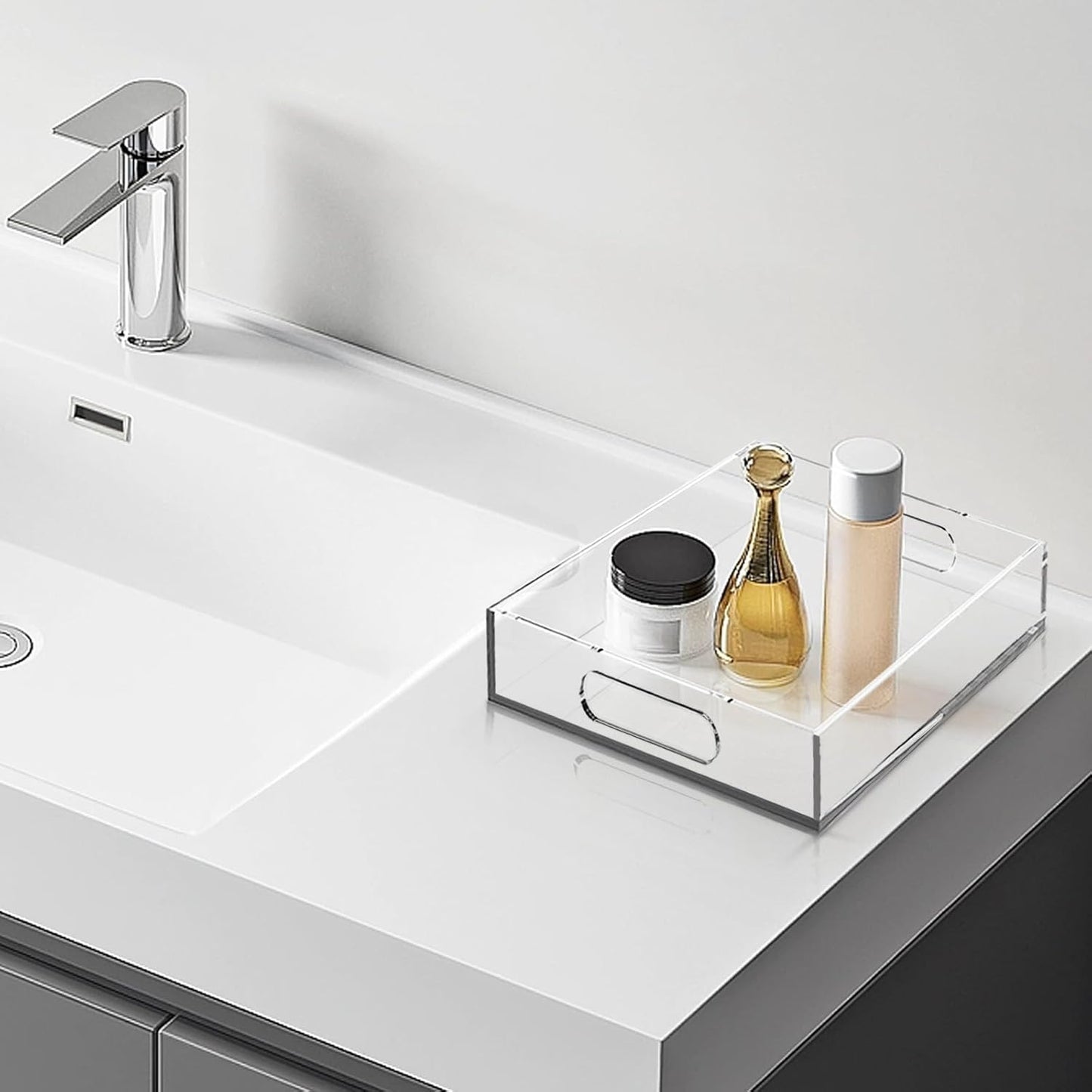 Acrylic Organizers Tray, Acrylic Tray for Ottoman, Serving Tray with Handle, Lucite Tray Organizer for Bench, Coffee Table Countertop, Kitchen, Bathroom, Living Room, Powder Room