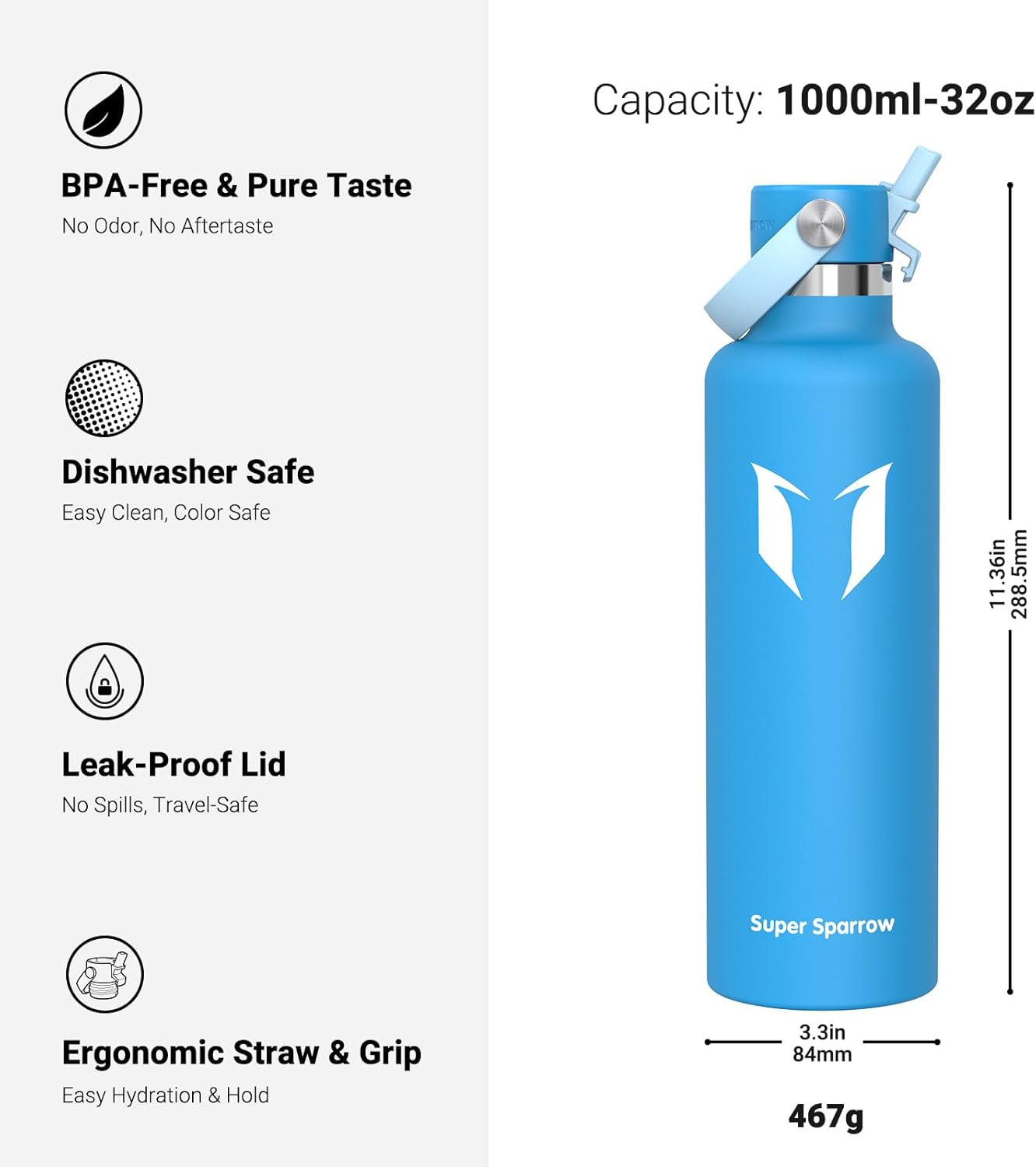 Super Sparrow Insulated Water Bottle - 17 Oz / 25 Oz / 32 Oz - Standard Mouth FlipFlow Flask - BPA Free, Leak Proof Drink Bottle- Ergonomic Straw Water Bottles for Work, Gym, Travel, Sports