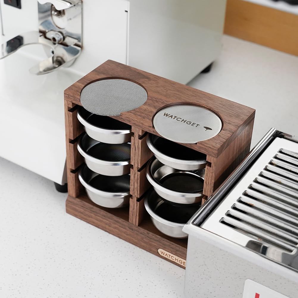 watchget Horizontal Espresso Portafilter Filter Basket Holder Rack - Wooden Precision Basket Storage Stand for 58mm Espresso Machines and 58mm Coffee Puck Screens