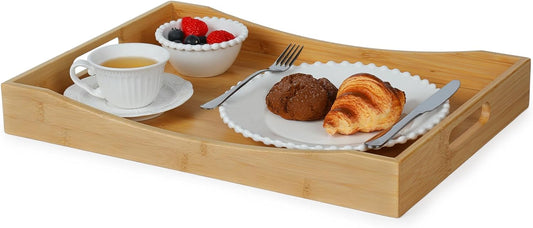 Gobam Bamboo Serving Tray with Handles, 19.7 x 13.8 inch Rectangular Decorative Tray for Entryway, Kitchen, Dining & Living Room, Large Wooden Breakfast Trays for Bed, Coffee Table & Ottoman