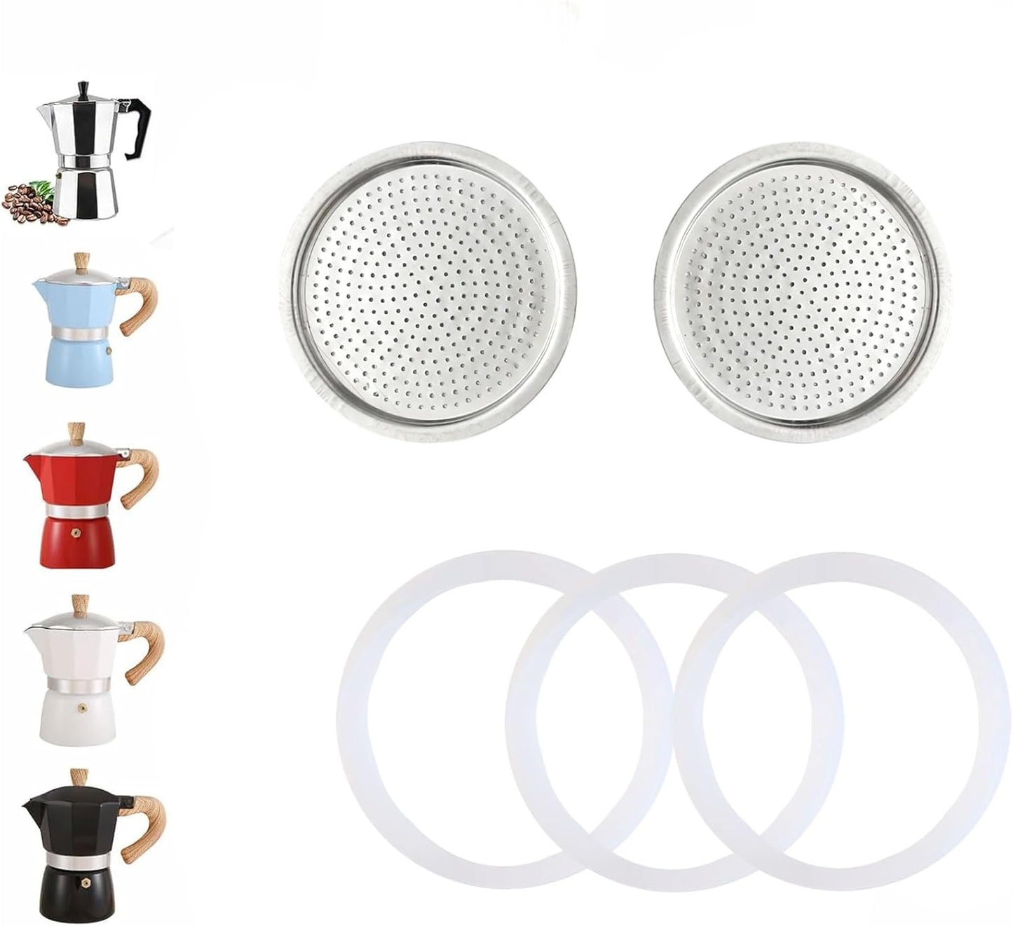 2 Pcs Filter with 3 Pcs Silicone Gasket Seals for 12 Cup 14 Cup Stovetop Espresso Coffee Maker Replacement Parts for DITOSH Aluminium Moka Pot