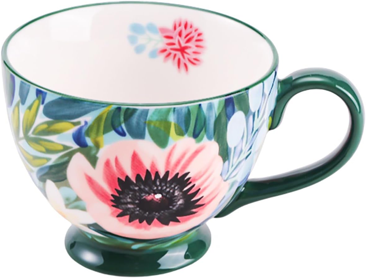 Vintage Flower Mugs – Large Ceramic Coffee Mug (15oz) – Cute Cereal Cup for Breakfast, Oatmeal Tea & Hot Drinks – Handmade Ceramic Cup with Floral Design