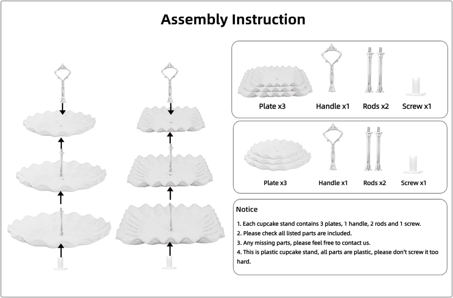 2 Set of 3-Tier Plastic Cupcake Stand Dessert Plates Mini Cakes Fruit Candy Display Tower White for Birthday Tea Party Baby Shower Serving Tray