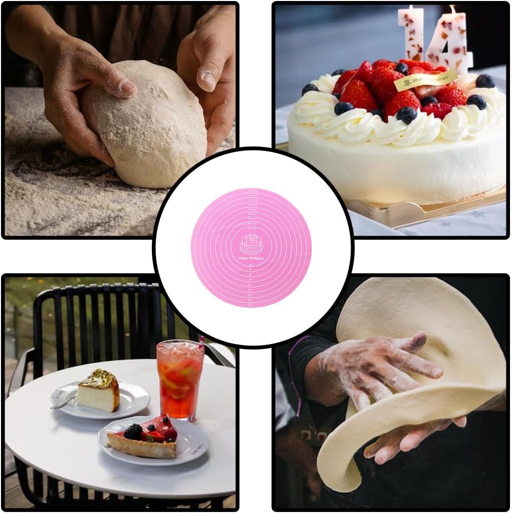 Round Baking Mat, Cake Turntable Mat, Cake Mat Round Silicone Baking Mat, 12 In Pink Cakes Pastry Mat for CakeTurntable Bracket