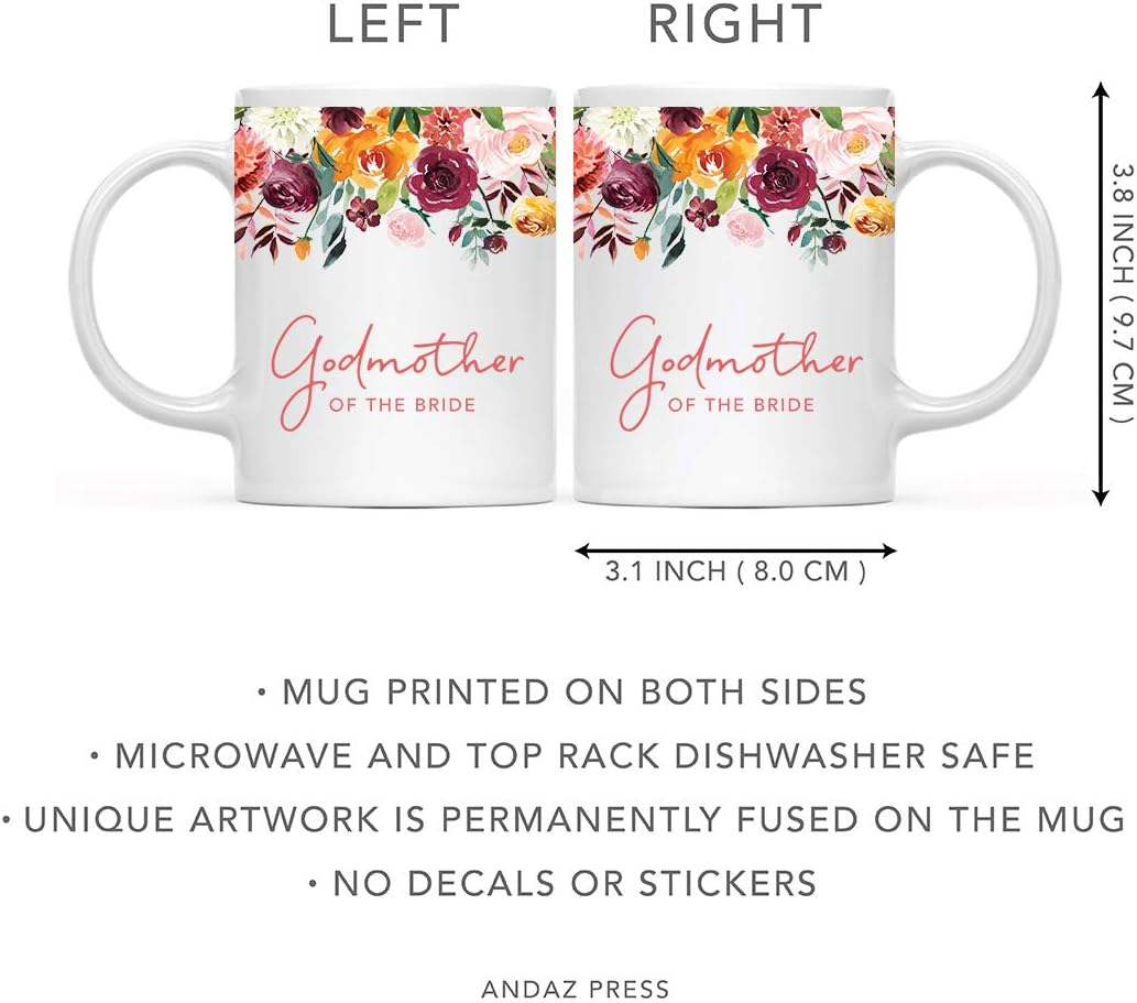 Andaz Press 11oz. Wedding Ceramic Coffee Tea Mug Gift, Fall Autumn Burgundy Orange Peach Flowers Roses Florals, Godmother of the Bride, 1-Pack, Includes Gift Box