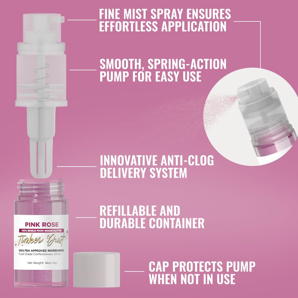 Bakell - Pink Rose Tinker Dust (4g, 1x Mini Spray Pump) Edible Glitter for Food, Desserts, and Beverages!