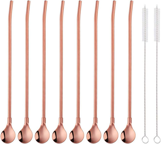 AmazonBasics 8PC 8.5Inch Stainless Steel Rose Gold Reusable Metal Straws + 2 Brushes