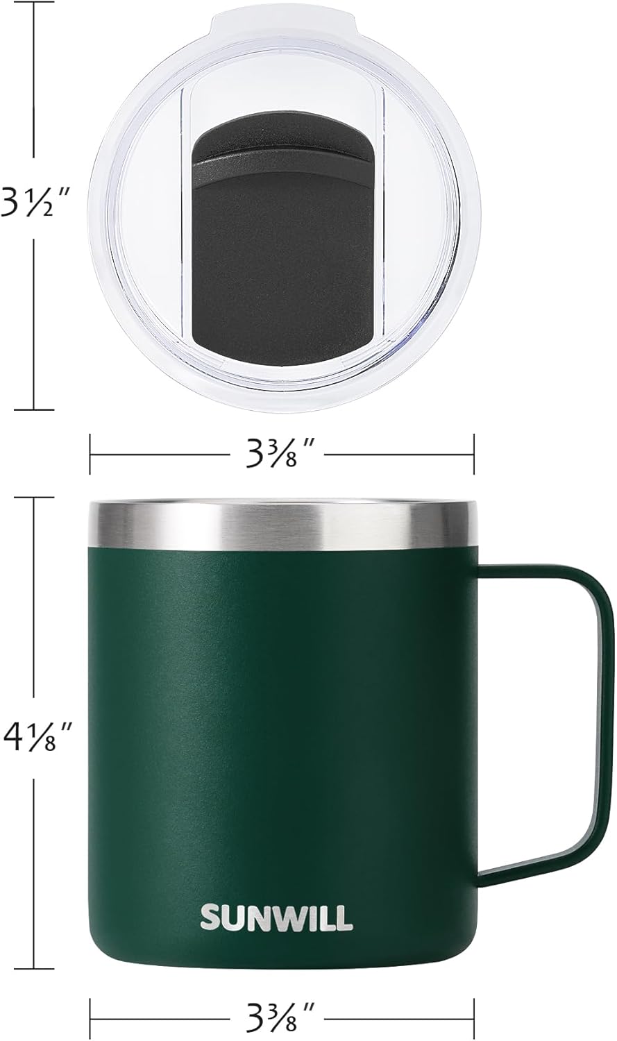 SUNWILL Travel Coffee Mug with Lid, Insulated Cup with Handle, 14 oz Stainless Steel Tumbler for Camping, Office, Outdoor, Powder Coated Forest Green