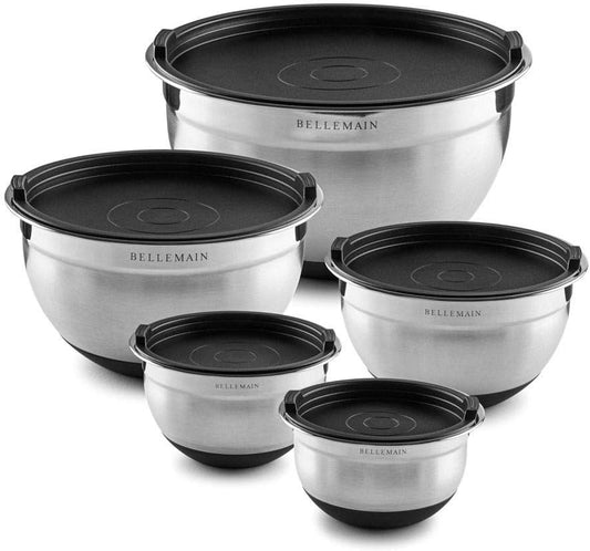 Bellemain Stainless Steel Non-Slip Mixing Bowls with Lids (5 Piece, Silver/Black)