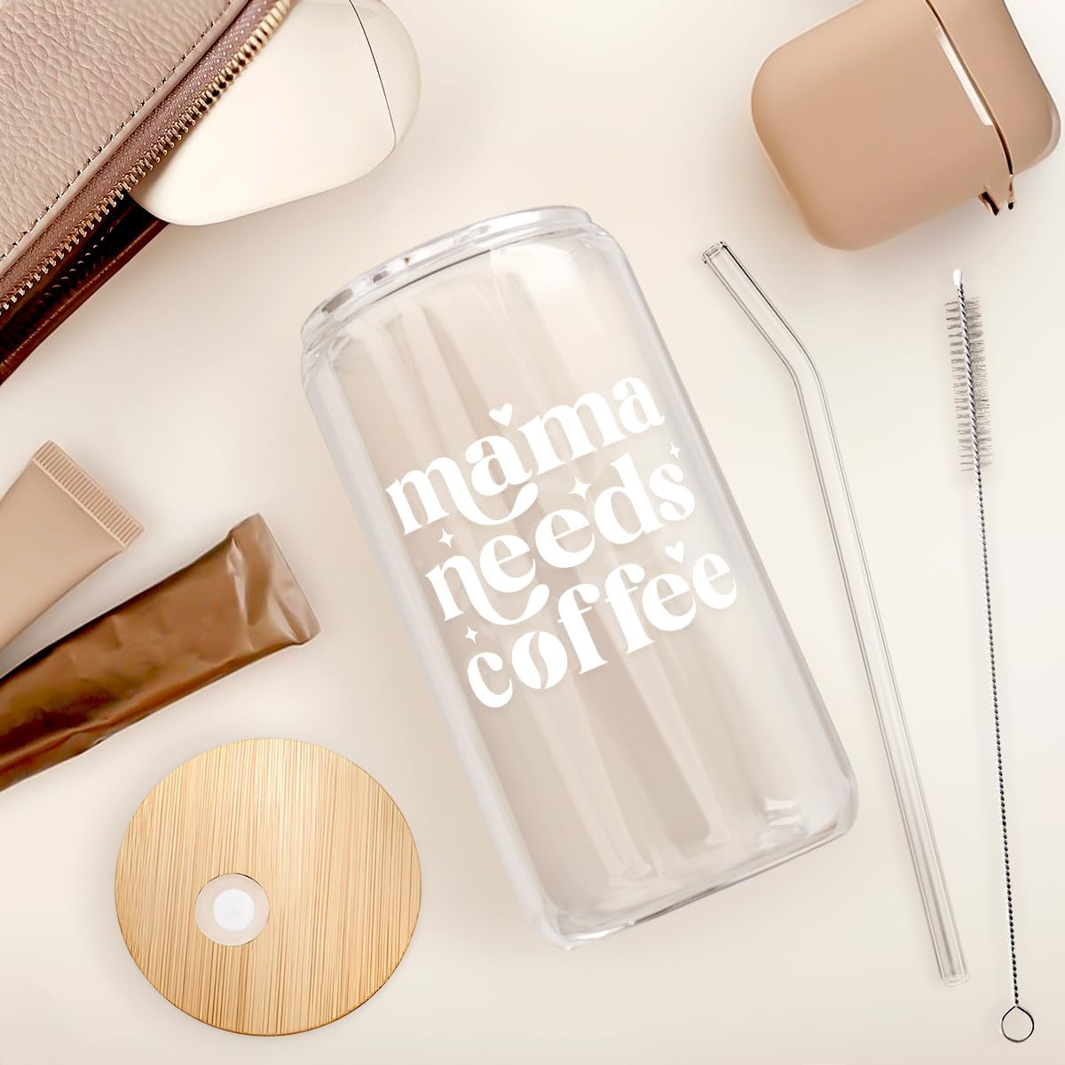 SANDJEST Mom Glass Can, Mama Needs Coffee Cup with Lid & Straw, Iced Coffee Aesthetic Cups, Idea Gifts for Christmas Birthday Mother Day, Gifts for Women, 16oz