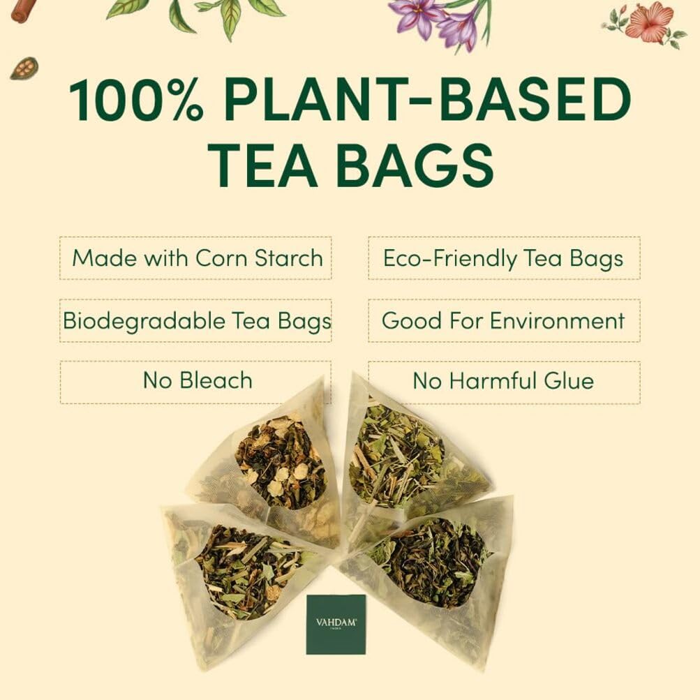 VAHDAM, Assorted Herbal Tea Variety Pack (6 Variants, 36 Tea Bags) Caffeine Free, Gluten Free, Non GMO | Eco Friendly Long Leaf Pyramid Tea Bags I Tea Gift Sets for Men and Women
