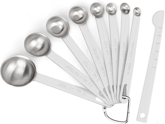 Upgrade 9 PCS Stainless Steel Measuring Spoons Set, Small Tablespoon, Teaspoons, Set 8 with Bonus Leveler for Dry and Liquid, Fits in Spice Jars, 1/32 1/16 1/8 1/4 1/2 1 tsp, 1/2 1 tbsp
