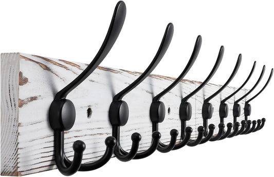 32.2'' Large Coat Rack Wall Mount Coat Hooks with 8 Metal Black Triple-Hooks Old White Pine Real Wood Plank Hat Rack for Wall Hooks