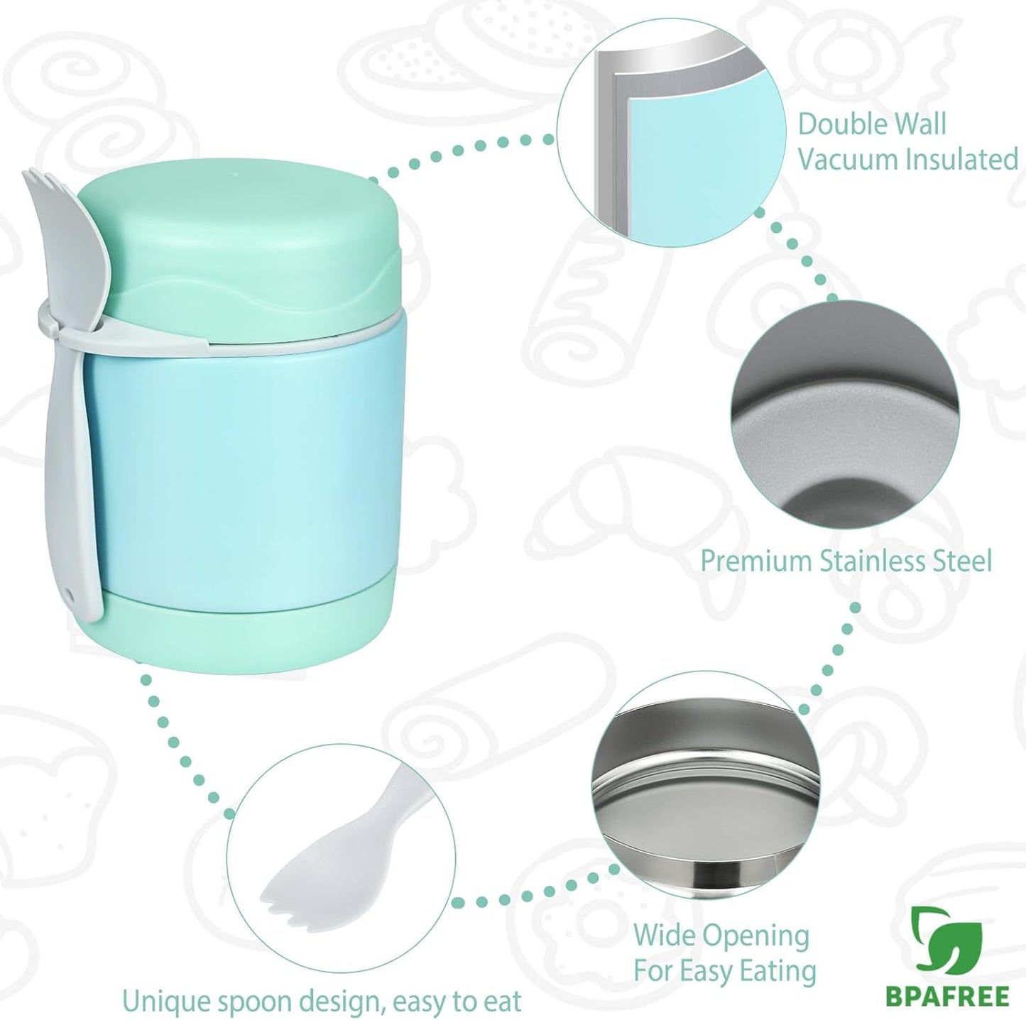 10oz Soup Thermo for Hot Food Kids,Lunch Thermo Kids Food Jar with Spoon Hot Insulated Food Containers,Leak Proof Stainless Steel Wide Mouth Lunch Food Thermo Jar for School(Mint-Green)