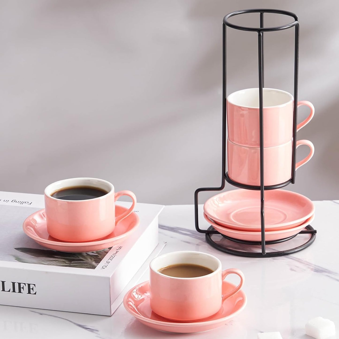 2.5oz Porcelain Stackable Espresso Cups with Saucers and Metal Stand Set of 4, Stackable Cappuccino Cups, Pink Expresso Shots Cup Set for Coffee Drinks, Latte, Tea