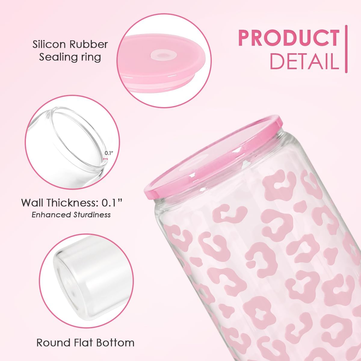 SANDJEST Leopard Glass Bottle, Pink Leopard Print Glass Cup with Lid & Straw, Iced Coffee Aesthetic Glass Can, Gifts for Women, Christmas Birthday Mother's Day