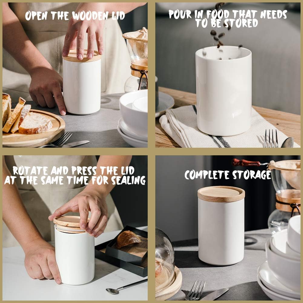 Sweejar Kitchen Canisters Ceramic Food Storage Jar, Stackable Containers with Airtight Seal Wooden Lid for Serving Ground Coffee, Tea, Sugar, Salt and More - 28 Fl Oz (White)