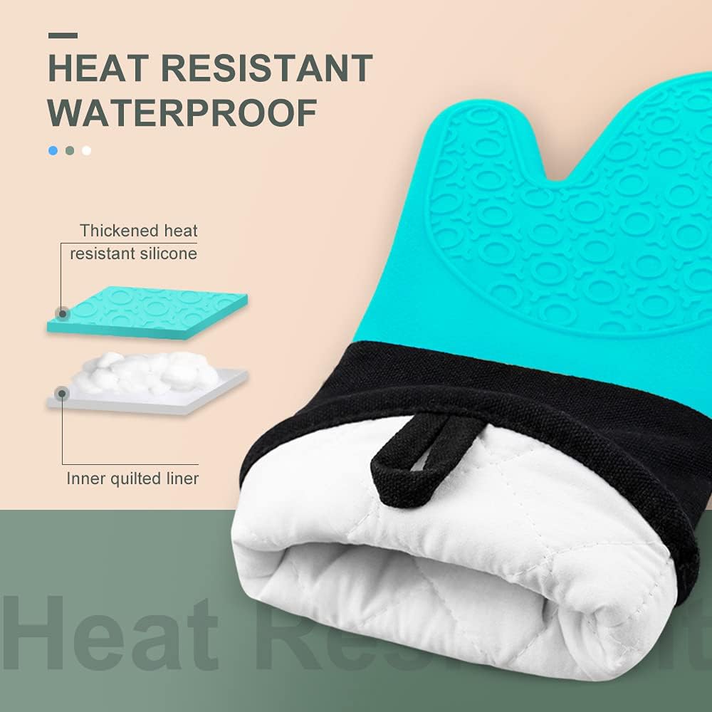 sungwoo Extra Long Silicone Oven Mitts, Heat Resistant Oven Gloves with Quilted Liner Non-Slip Textured Grip Perfect for BBQ, Baking, Cooking and Grilling - 1 Pair 14.6 Inch Turquoise & Black