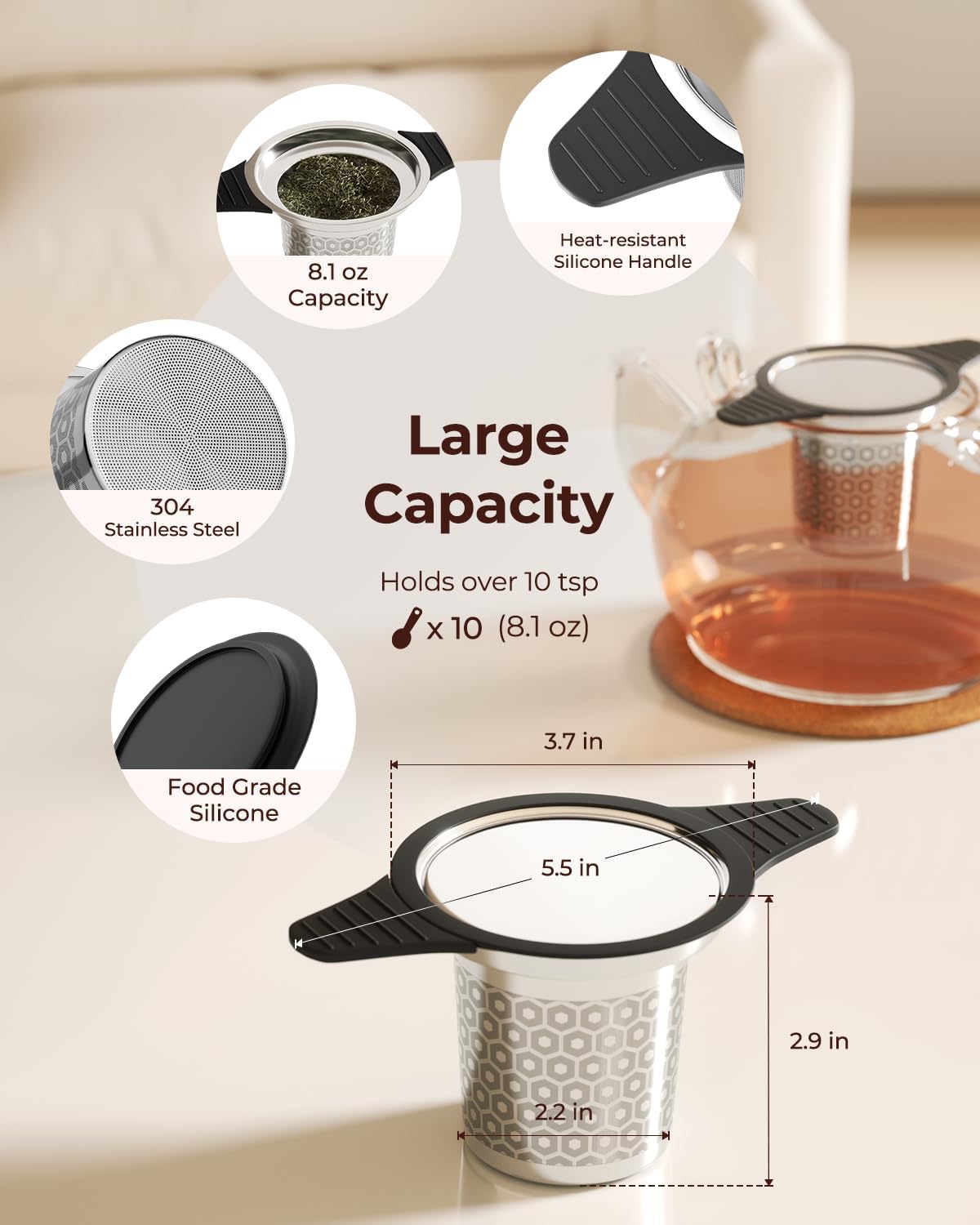 Reinmoson Extra Fine Mesh Tea Strainers & Filters for Loose Tea Single Cup, 304 Stainless Steel and Food Grade Silicone Loose Leaf Tea Steeper for Black Tea, Coffee, Rooibos, etc