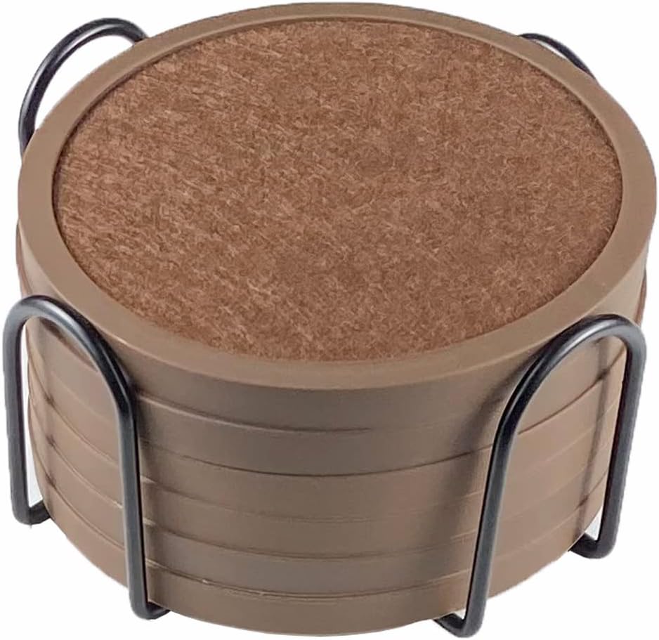 Absorbent Coasters for Drinks with Holder - 6packs, Silicone Coaster with Soft Felt Insert (4.3 inch Coasters with 4.5 inch Holder, Brown)