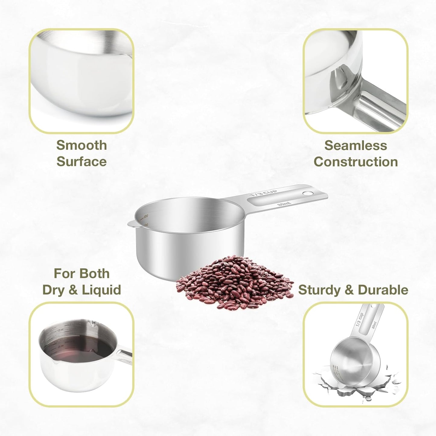 1PCS 1/3Cup (80ml, 2.6oz) Single Measuring Cup, Etched Inner Scale Stainless Steel Measure Scoop, Metric and US Measurement, Dishwasher Safe