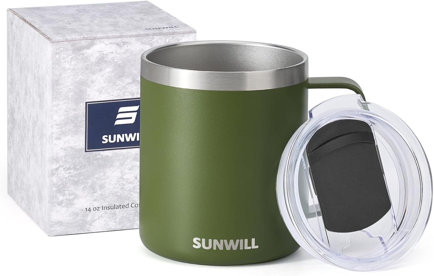 SUNWILL Travel Coffee Mug with Lid, Insulated Tumbler with Handle, 14 oz Stainless Steel Cup for Camping, Office, Home, Powder Coated Olive