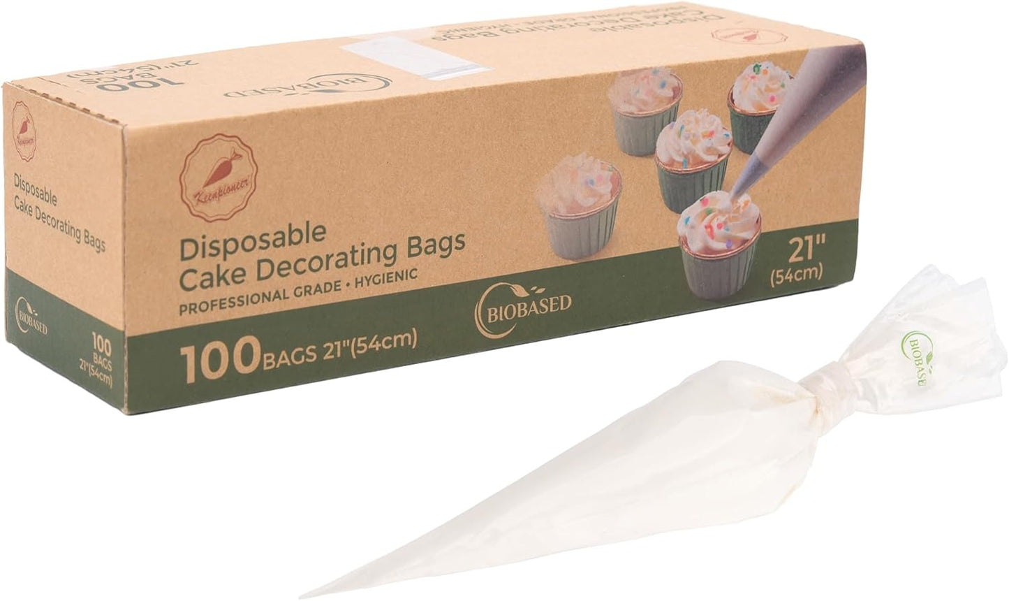 Keenpioneer Disposable Piping Bags, Biobased, 21 Inch, Extra Thick Cake Decorating Pastry Bags, Pack of 100 in a Dispenser Box, Clear, Professional Grade for Chefs and Home Bakers