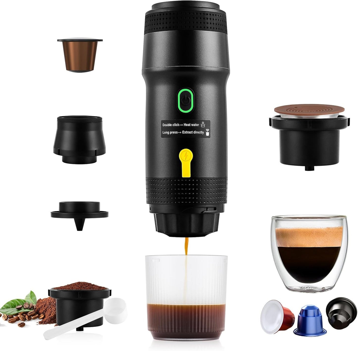 3 In 1 Portable Coffee Maker for Travel, 20 Bar Portable Espresso Machine with USB,Travel Coffee Maker Self-Heating, Compatible with Ground Coffee & Capsule for Hiking,Office,RV（Upgrade）