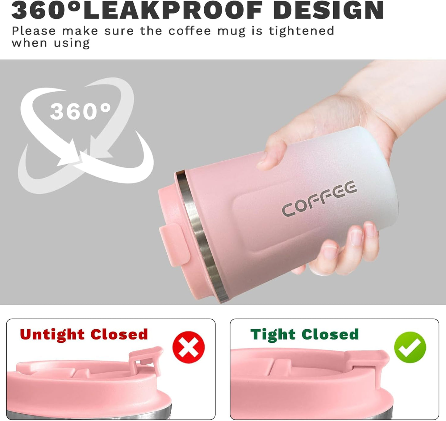 YINBAOGE Insulated Travel Coffee Mug Spill Proof Leak Proof Pobtable To Go Camping Stainless Steel Coffee Tumbler Reusable Coffee Cups with Lids Thermos for Hot and Cold Drink (2nd-Pink White, 12 OZ)