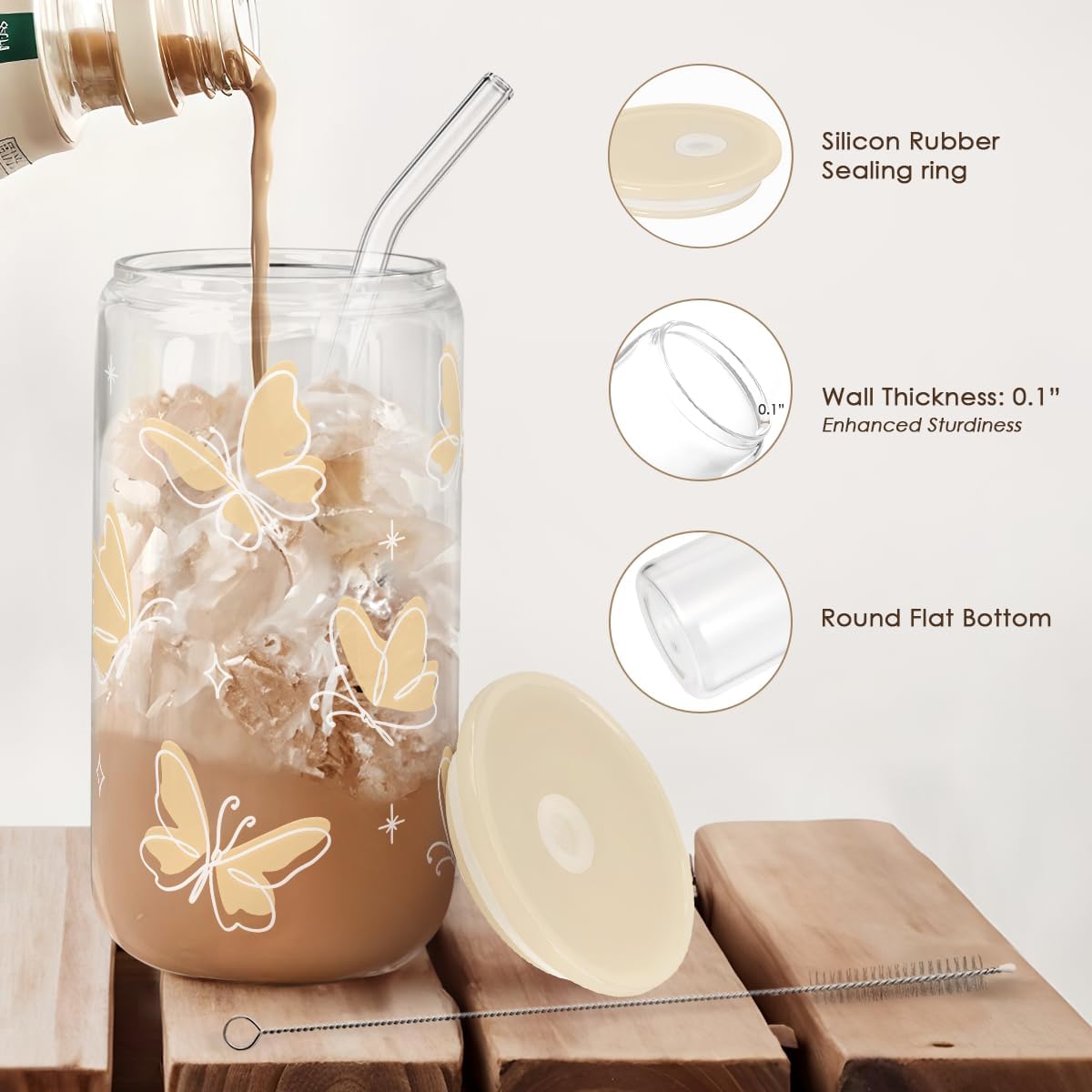 SANDJEST Butterfly Glass Can, Iced Coffee Aesthetic,Cup, Gifts for Christmas Birthday, Gift for Women Girls, 16oz