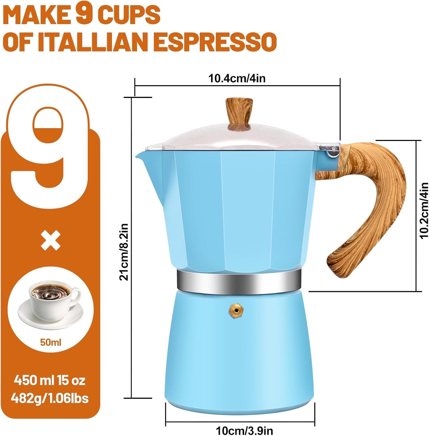 9 Cup Aluminum Espresso Stovetop Moka Pot Express Coffee Maker Percolator Italian Classic Mocha Coffee Machine for Italian and Cuban Cafe Brewing for Home & Camping 450ml 15oz