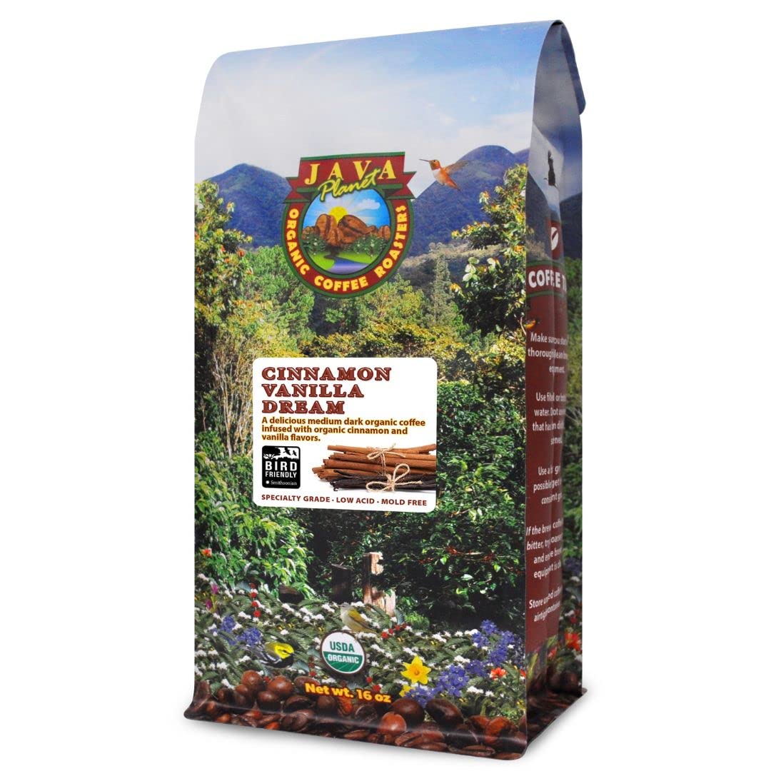 Low Acid Organic Coffee – Whole Bean, Mold-Free & Stomach Friendly by Java Planet, Cinnamon and Vanilla, Medium Dark Roast, Arabica Gourmet Coffee Grade A, Smithsonian Bird Friendly, 1LB Bag