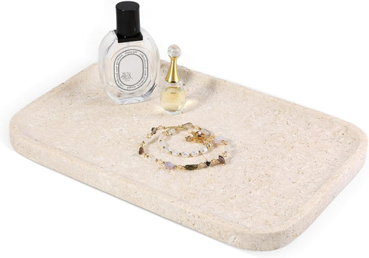 Natural Marble Vanity Tray, 11.8" Marble/Stone Bathroom Tray Countertop, Beige Tray for Decor, Perfume Jewelry Holder, Storage/Organizer for Kitchen Sink