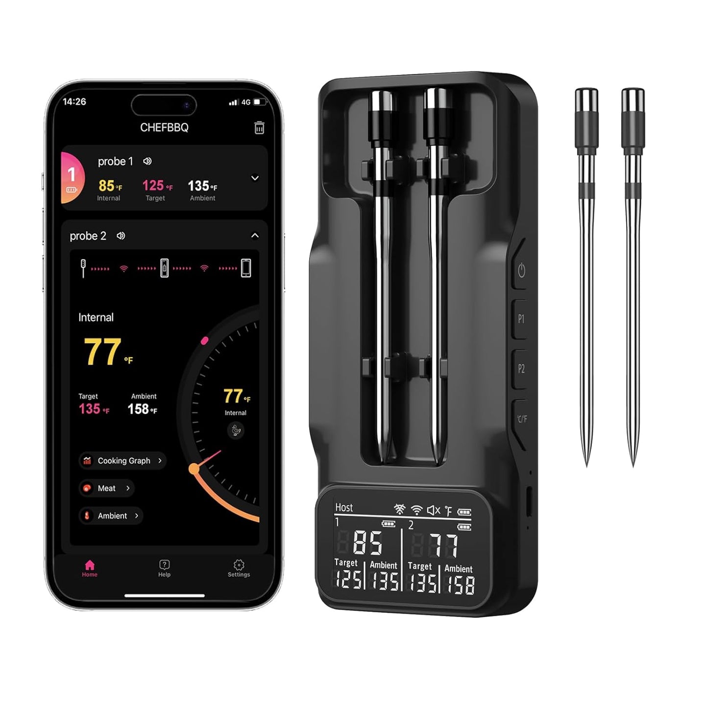 800FT Smart Wireless Meat Thermometer with Digital Meat Probe, Bluetooth Meat Thermometer with App Host Control for Barbecue, Outdoor Grilling, Oven & Smoker (Two*Probe-02)