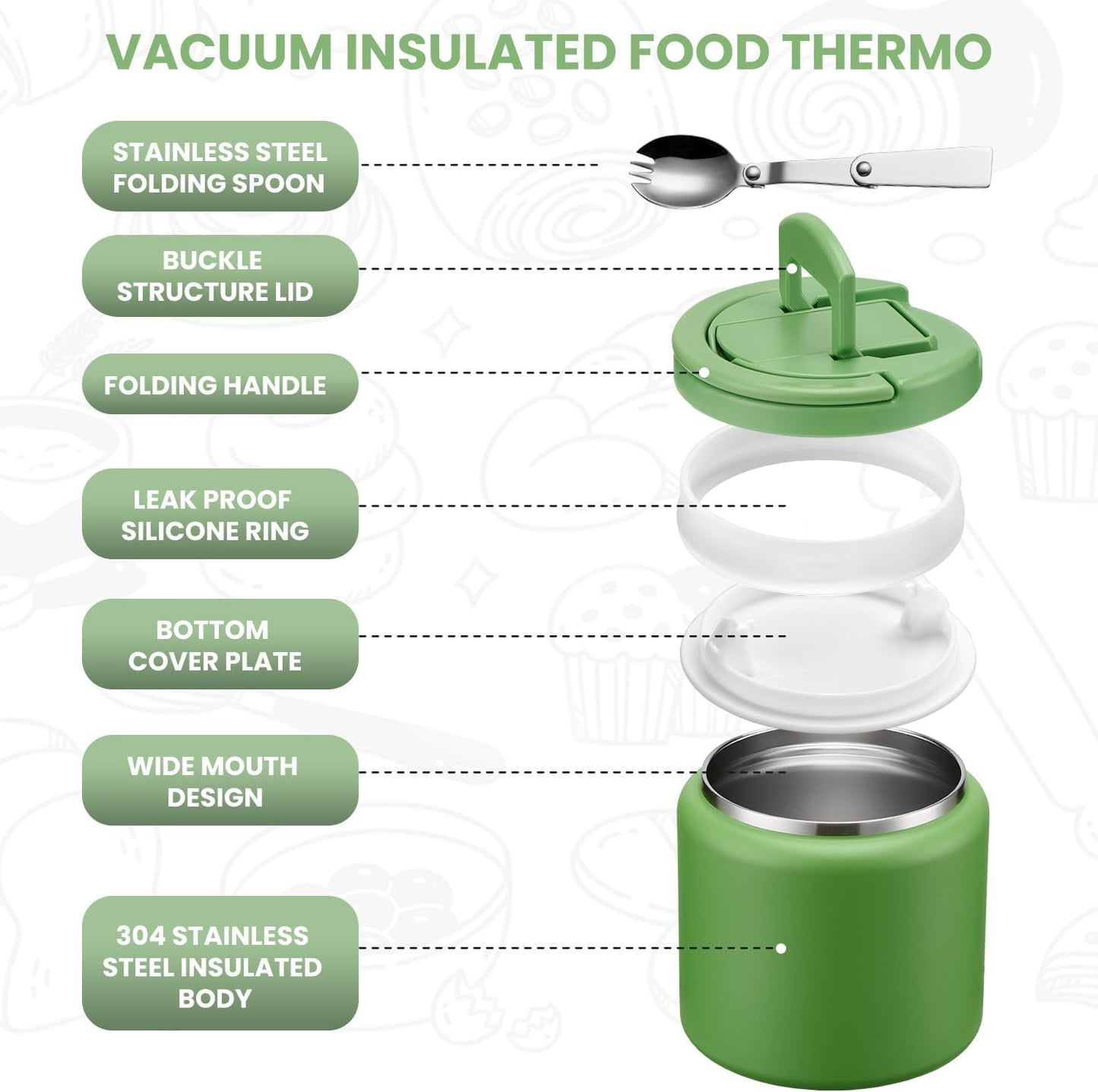 Soup Thermo for Hot Food Kids 25.5oz Lunch Containers with Buckle Lid Wide Mouth Hot Food Jar Vacuum Insulated Stainless Steel Bento Box Leakproof with Spoon(Green)