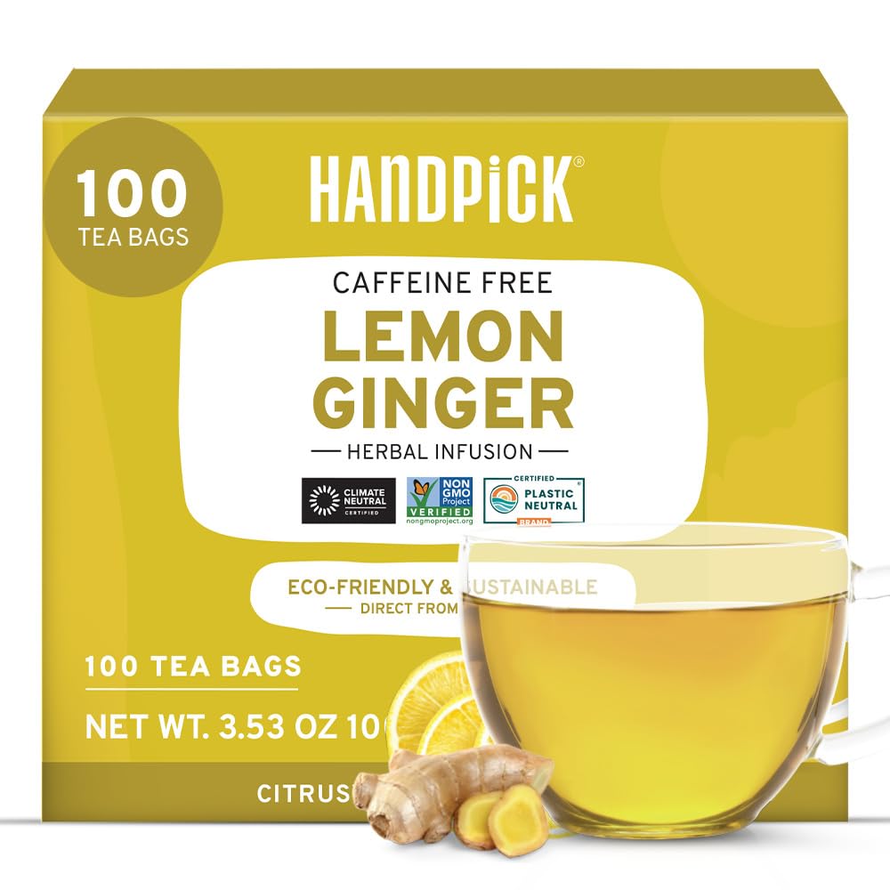 HANDPICK, Lemon Ginger Herbal Tea - 100 Pyramid Tea Bags | 100% Natural Ingredients, Tasty & Citrusy Hand-made Blend of Lemon & Ginger | Caffeine Free, Gluten Free | No Artificial Ingredients