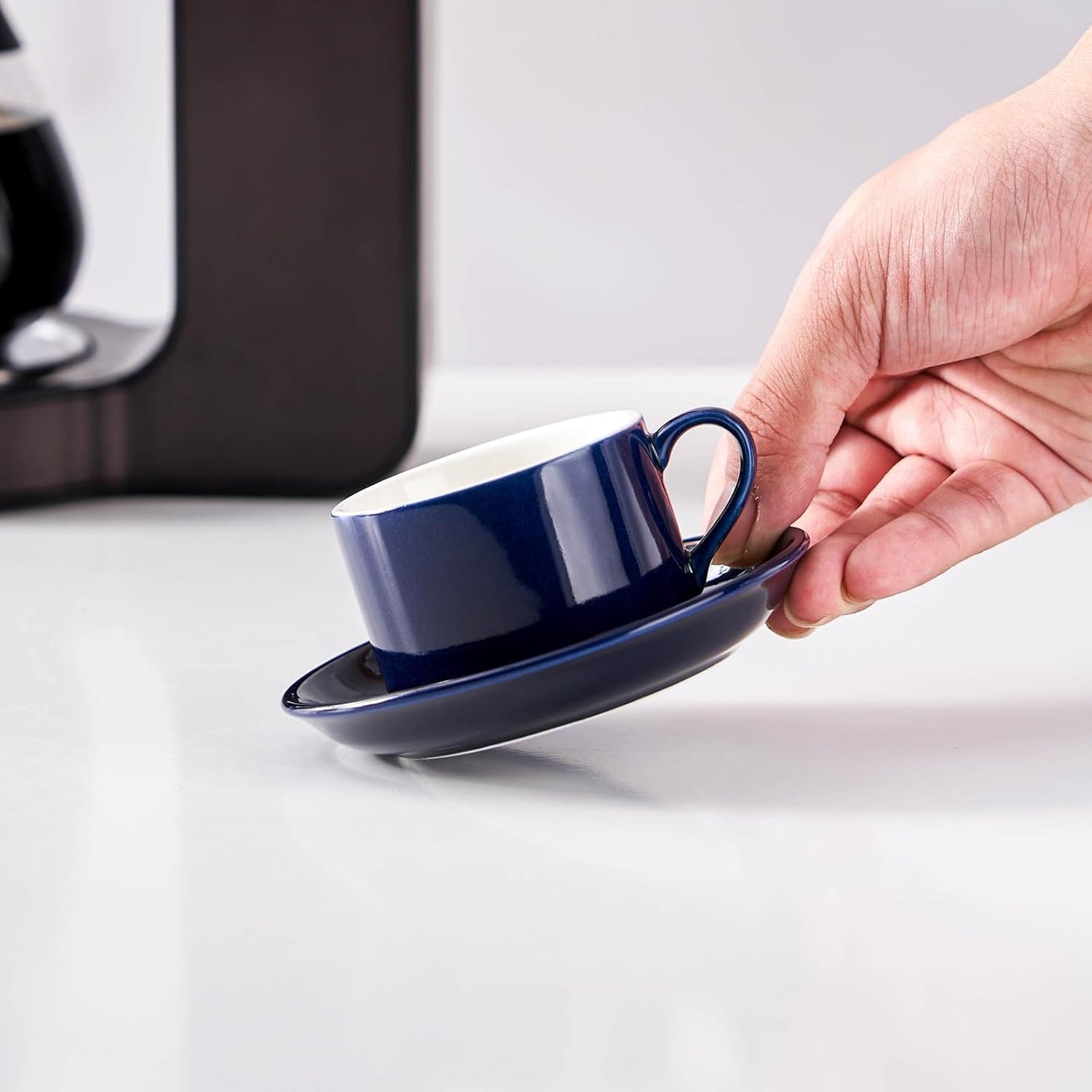 8oz Porcelain Stackable Cappuccino Cups with Saucers and Metal Stand Set of 4, Coffee Cups for Espresso, Specialty Coffee Drinks, Latte, Americano and Tea - Blue