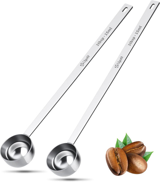 Coffee Scoop 1 Tablespoon with Extended Handle, Permanent Engraved 304 Stainless Steel Measuring Scoop for Ground Coffee, Spices (2pcs)
