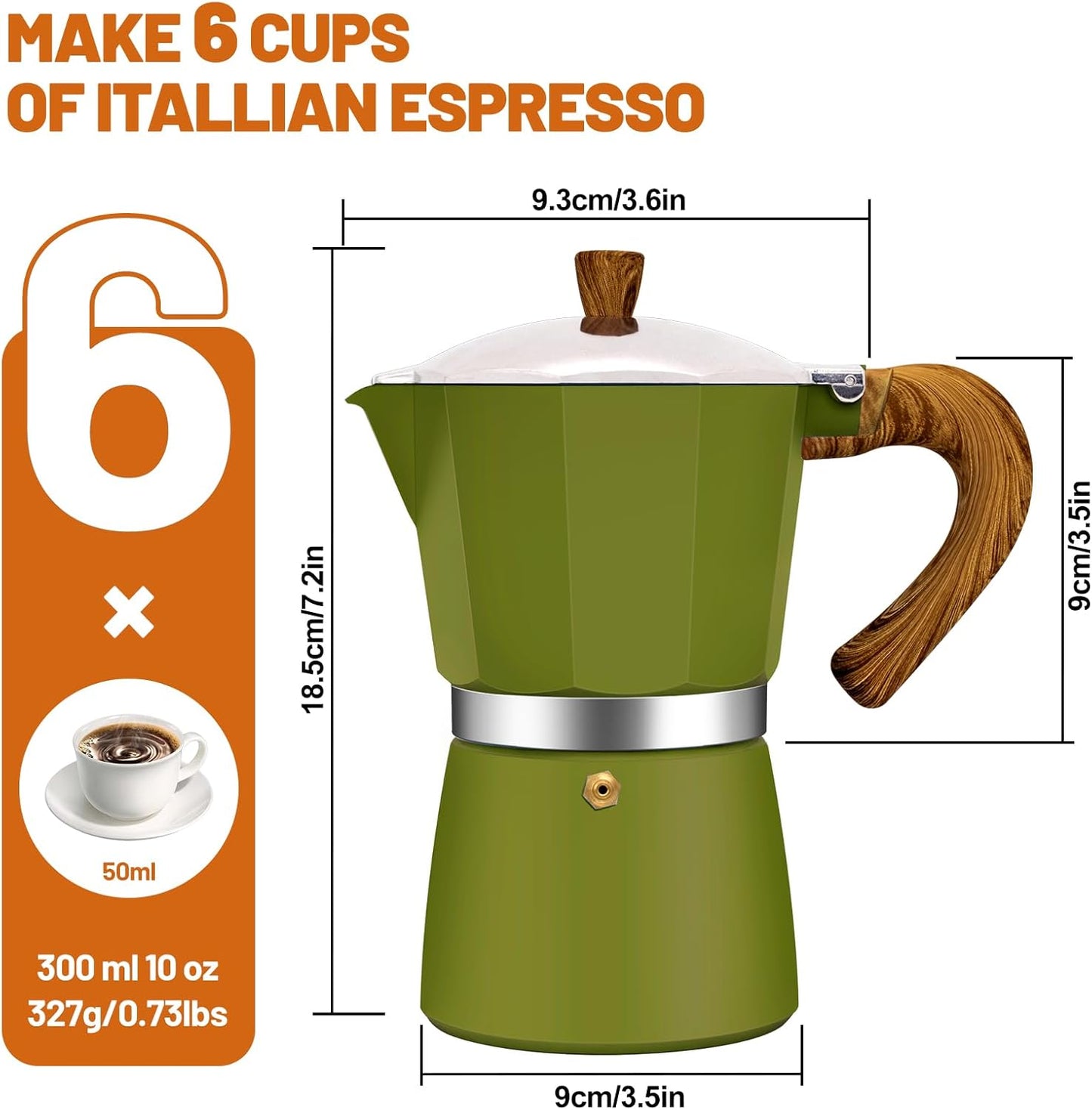 6 Cup Aluminum Espresso Stovetop Moka Pot Express Coffee Maker Percolator Italian Classic Mocha Coffee Machine for Italian and Cuban Cafe Brewing for Home & Camping 300ml 10oz