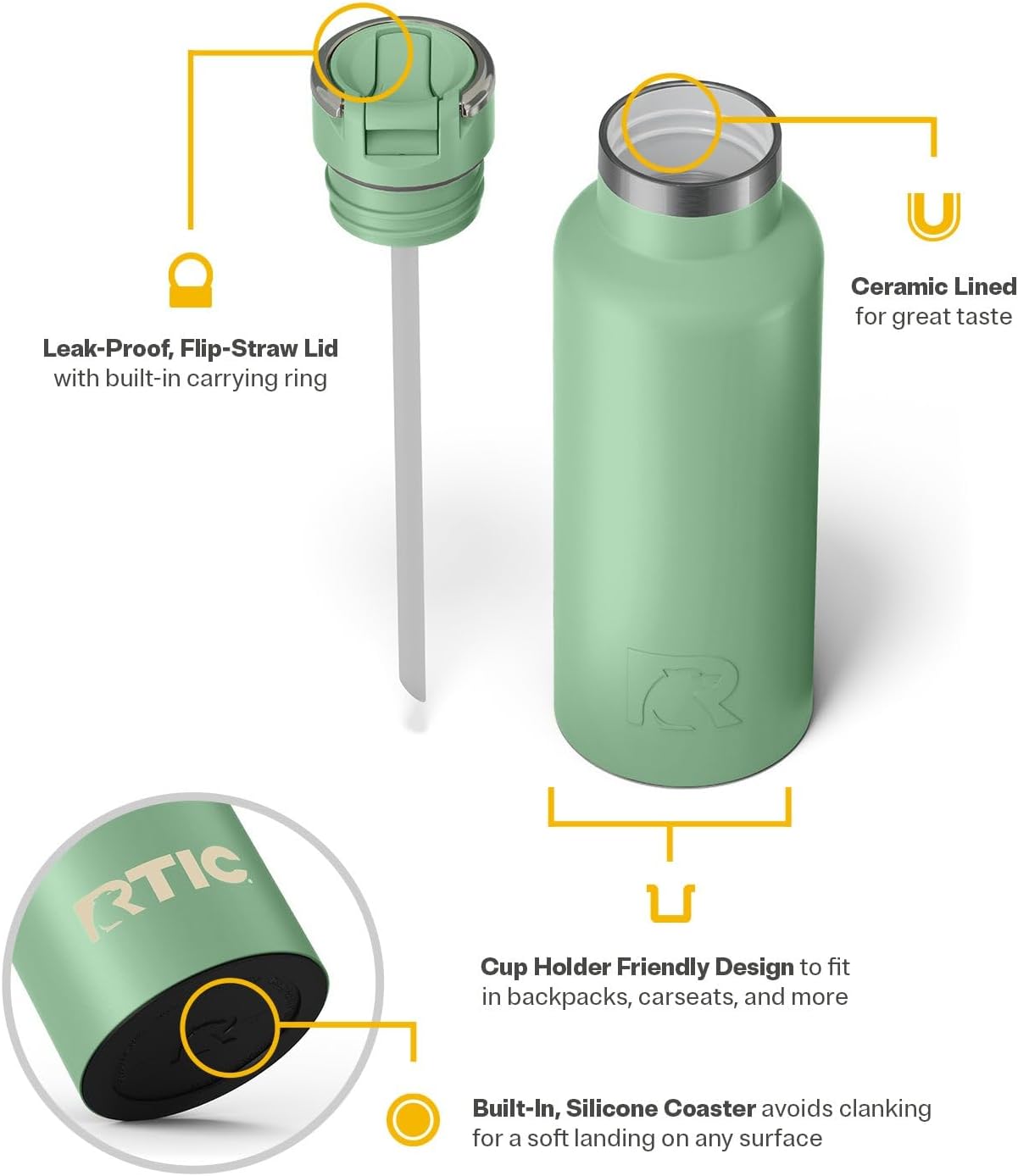 RTIC 16oz Journey Bottle Metal Stainless Steel Vacuum Insulated, BPA Free, Reusable, for Water, Hot and Cold Drinks, Travel, Sports, Camping, Sage