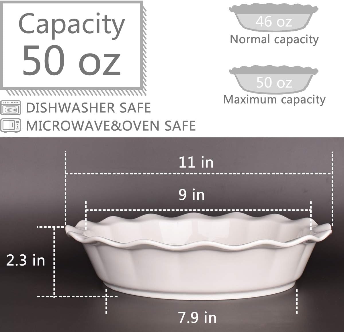 Bosmarlin Ceramic Pie Pan, 9 Inches Pie Dish, 50 Oz, Pie Plate for Baking, Microwave, Oven Safe and Dishwasher safe (White, 9 inches)