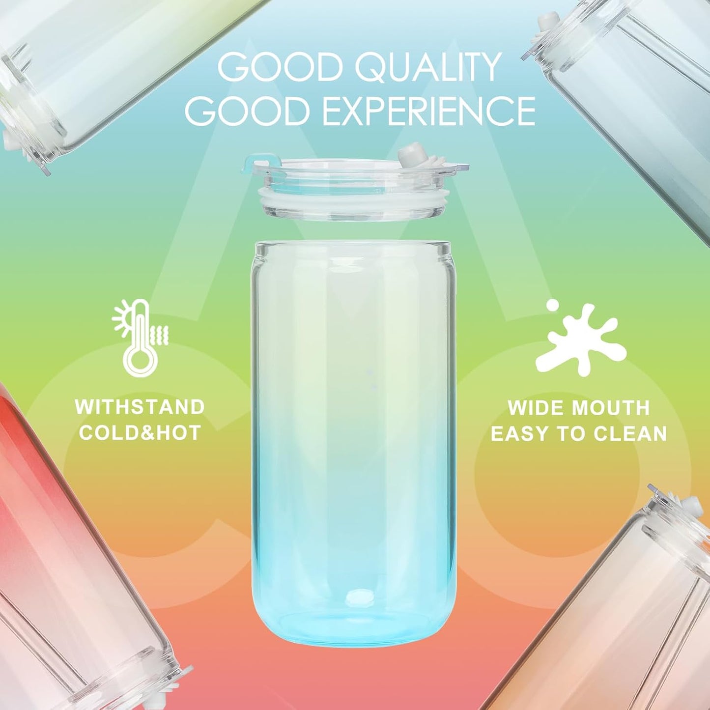 COMI 6pcs Glass Cups with Lids And Straws, Glass Tumbler for Iced Coffee, Drinking Glasses with Two Cleaning Brush,Glass Drinking Set