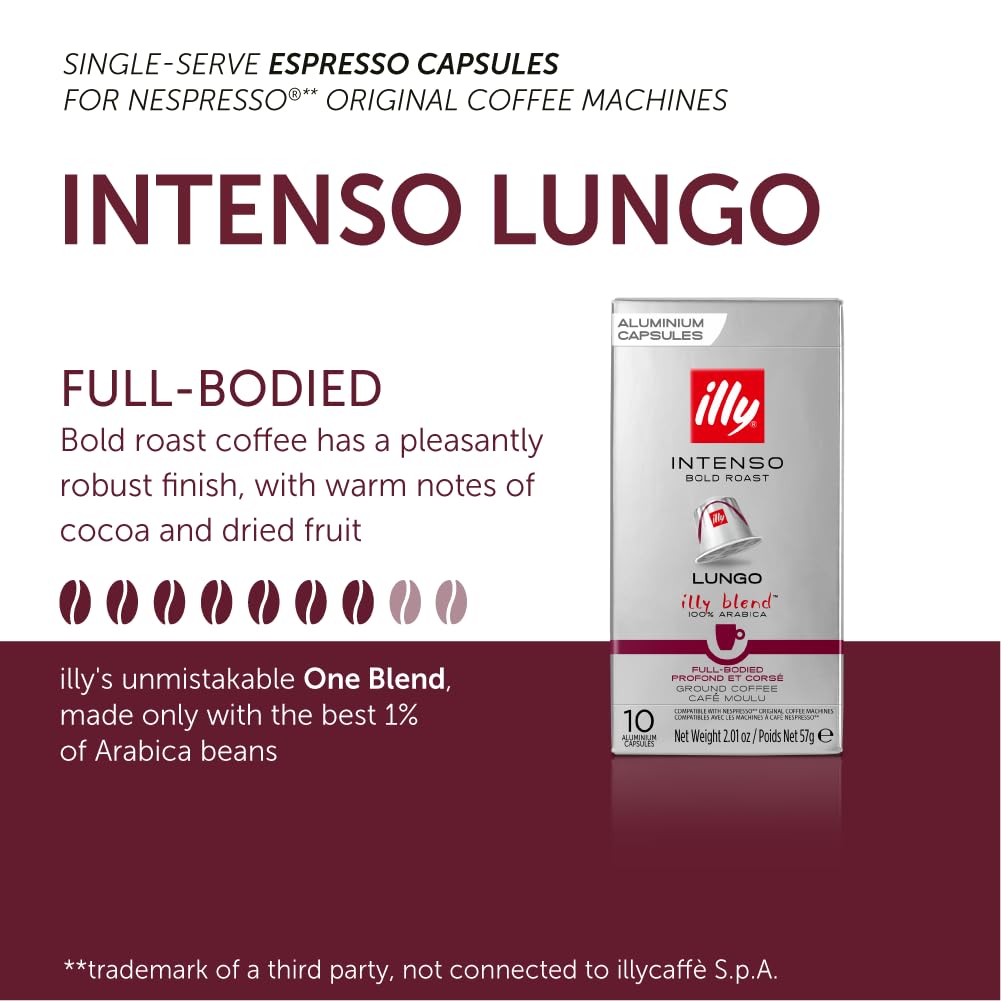 Illy Espresso Compatible Capsules - Single-Serve Coffee Capsules & Pods - Intenso Lungo Dark Roast - Notes Of Cocoa & Dried Fruit Coffee Pods - For Nespresso Coffee Machines – 10 Count